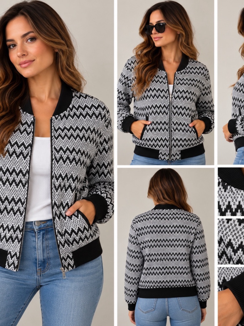 New Directions Women’s Geometric Zip-Up Bomber Jacket Size XL Black White